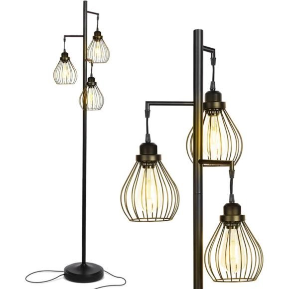 LED Floor Lamp – Tree Standing Lamp with 3 Elegant Cage Heads & Edison Bulbs